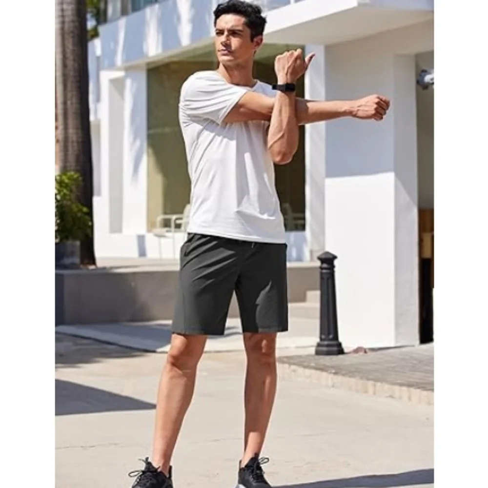 Men's Running Athletic Shorts Gym Workout Elastic Waist Dark Gray - Picture 3 of 8